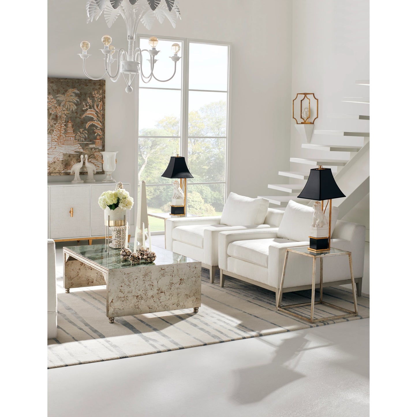 005 SR-836875 | Lifestyle | Cherry Blossom Cocktail Table by Chelsea House in hand painted, silver leaf, clear. Made from wood, glass in a transitional style.