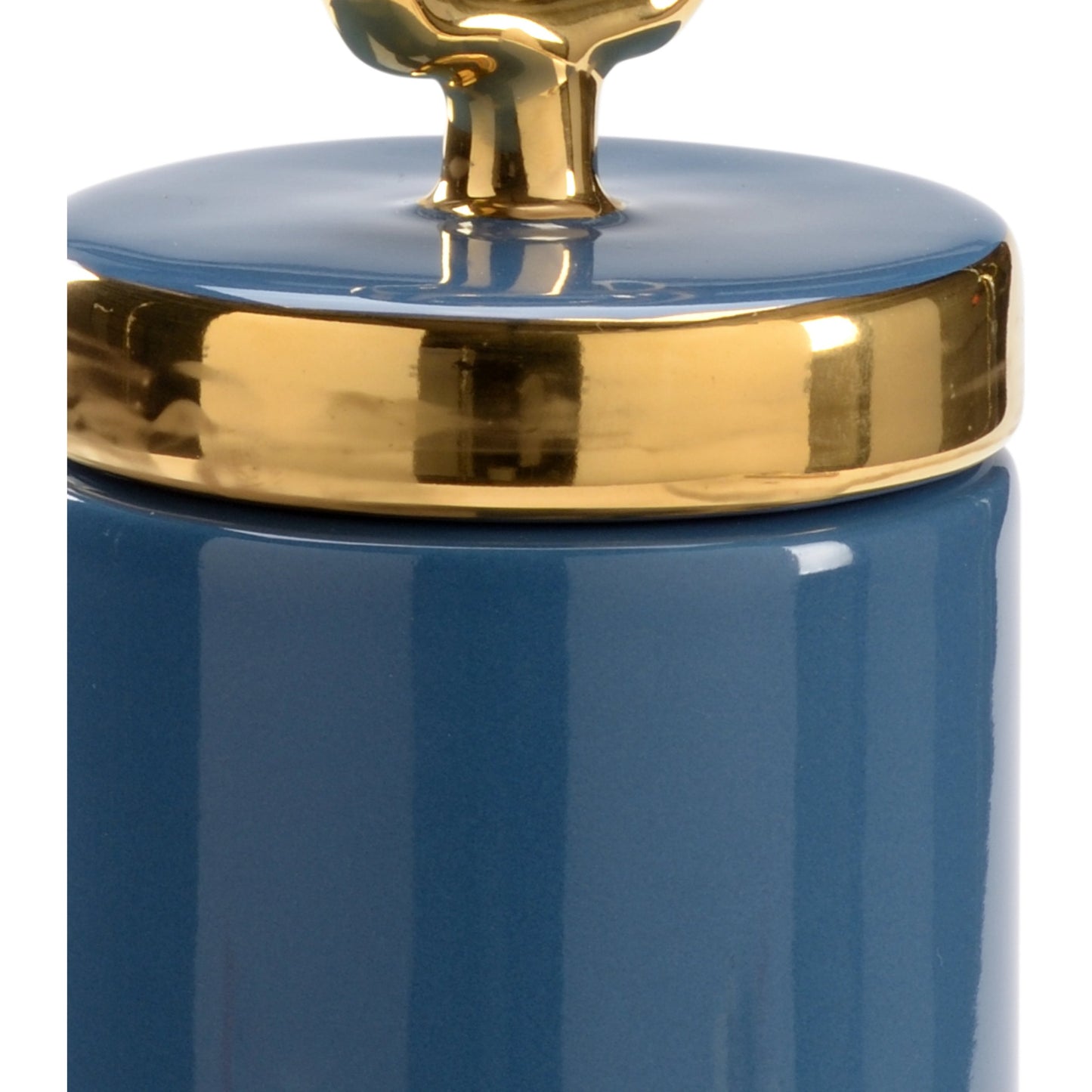 002 SI-2105261 | Closeup | French Blue Lidded Jar by Chelsea House in french blue glaze, metallic gold. Made from ceramic in a modern style.