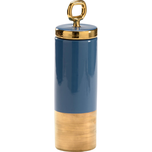 French Blue Lidded Jar by Chelsea House in french blue glaze, metallic gold. Made from ceramic in a modern style.
