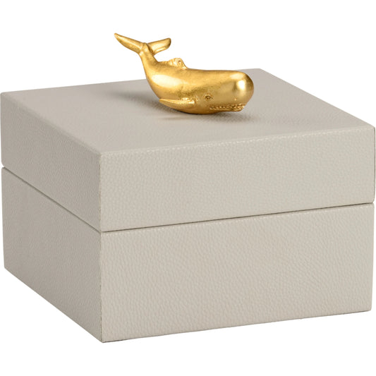 Whale Handle Box by Chelsea House in light gray, metallic gold. Made from leatherette/composite in a coastal style.