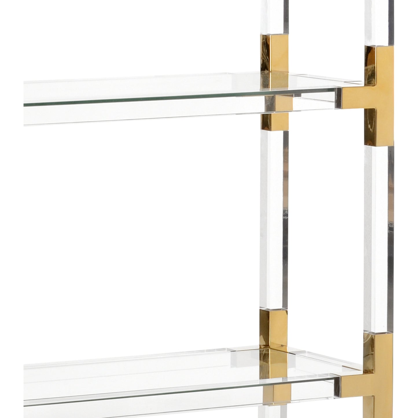 002 SI-2105347 | Closeup | Gainsboro Etagere by Chelsea House in clear, gold. Made from acrylic/tempered glass/steel in a modern style.