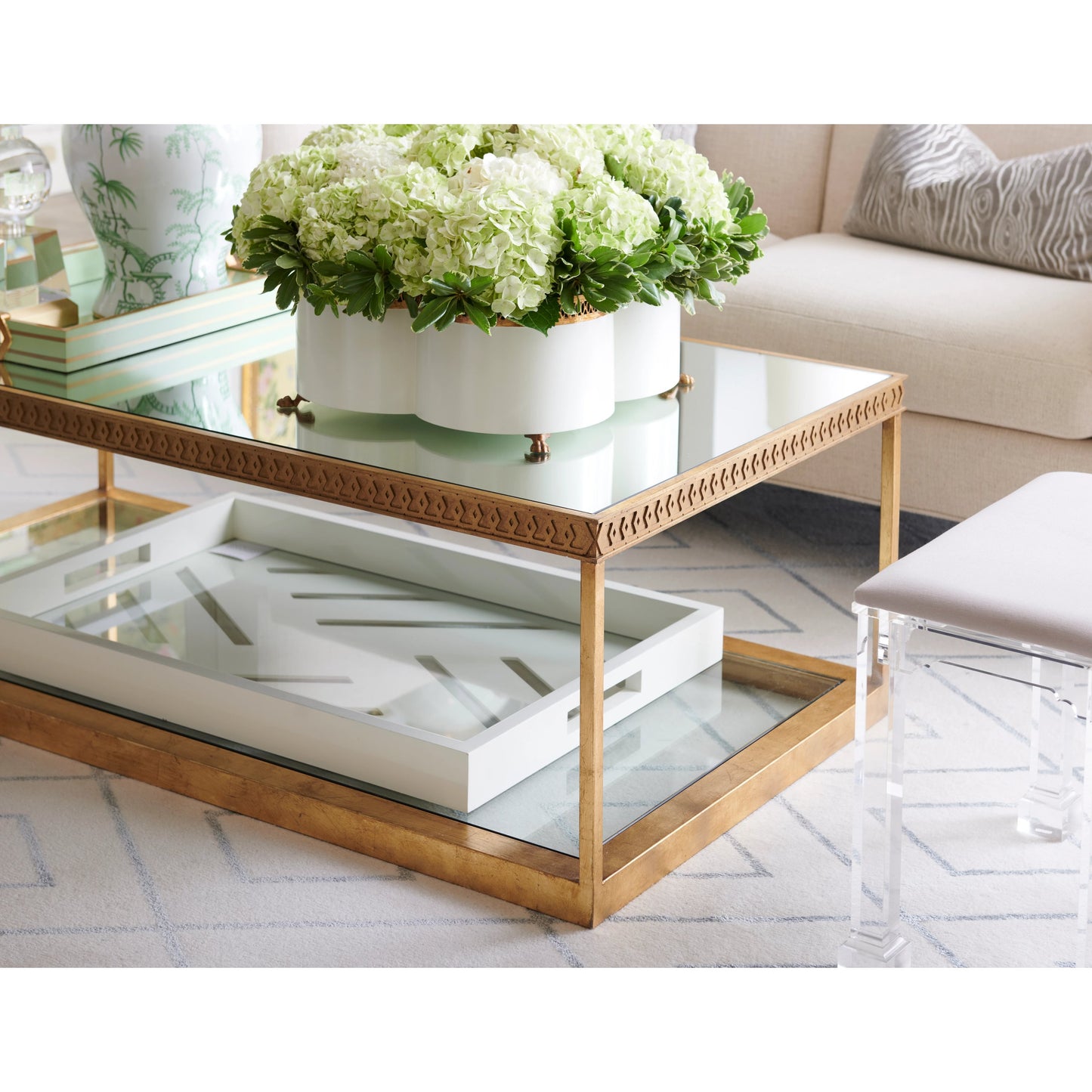 008 SI-2105355 | Lifestyle | Copas Cocktail Table by Chelsea House in clear, beveled, plain, metallic satin gold. Made from mirror/glass in a modern style.