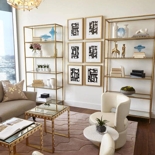 Stud Etagere by Global Views. Made from aluminum, antique beveled mirror, glass in a transitional style.