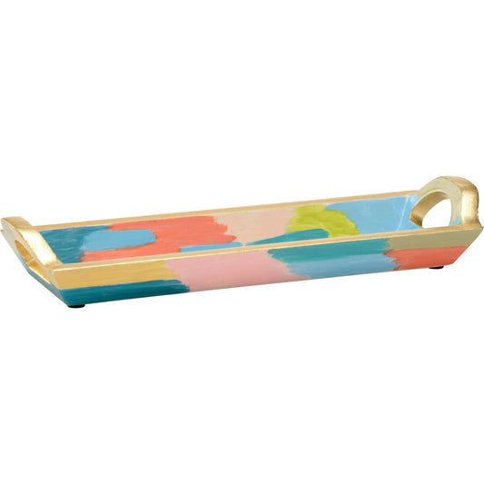 Rosie Tray by Chelsea House in hand painted, antique gold leaf. Made from wood in a modern style.