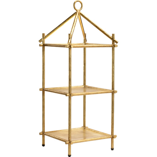 Chiseled Three-Tiered Tray by Chelsea House in antique gold leaf. Made from iron in a modern style.
