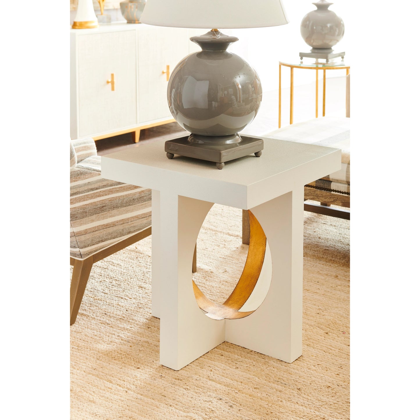 002 SI-2105556 | Lifestyle | Swoop Side Table by Chelsea House in textured white, metallic gold. Made from wood in a modern style.