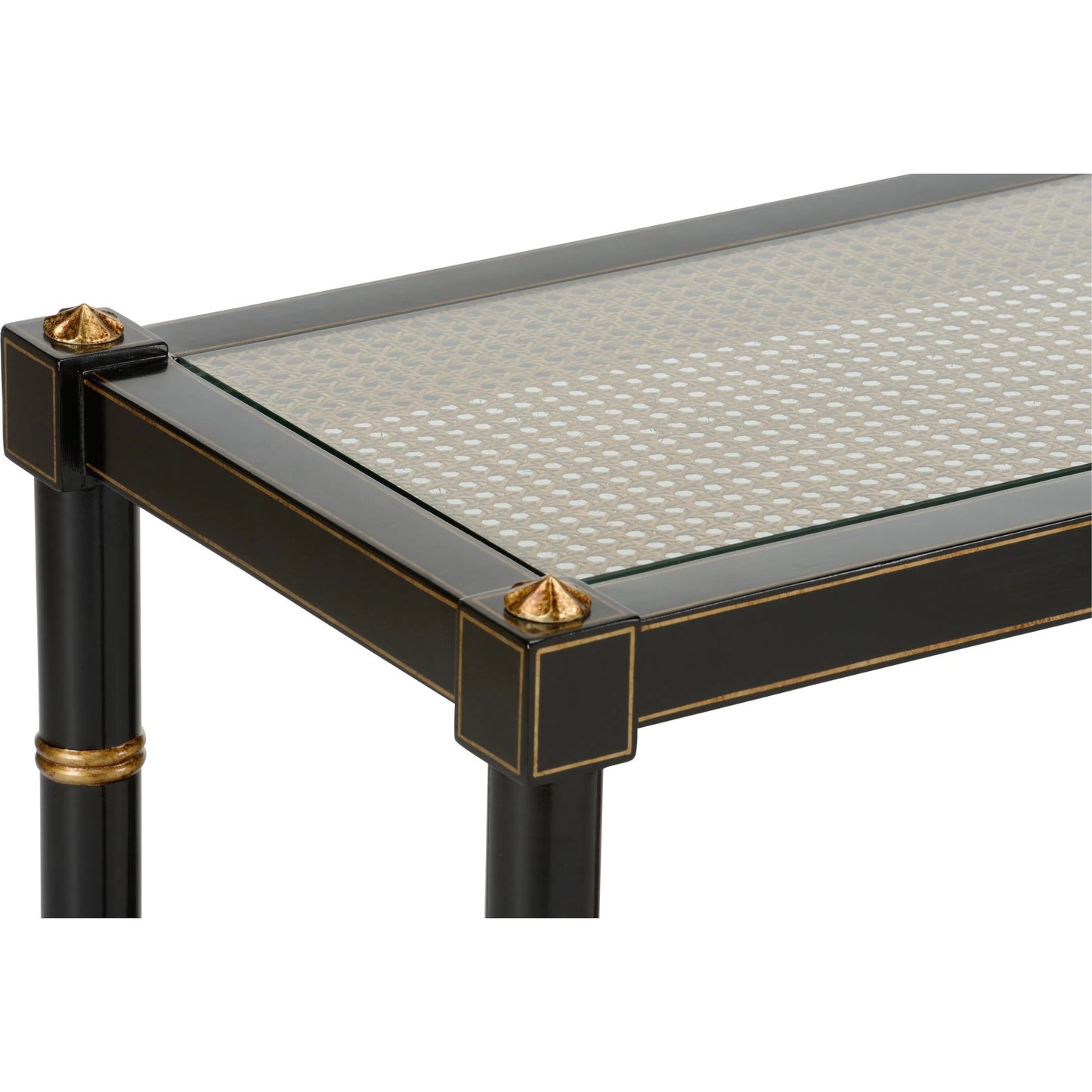 013 SI-2105760 | Closeup | Conner Cane Console by Chelsea House. Made from poplar caned panels, glass top in a coastal style.