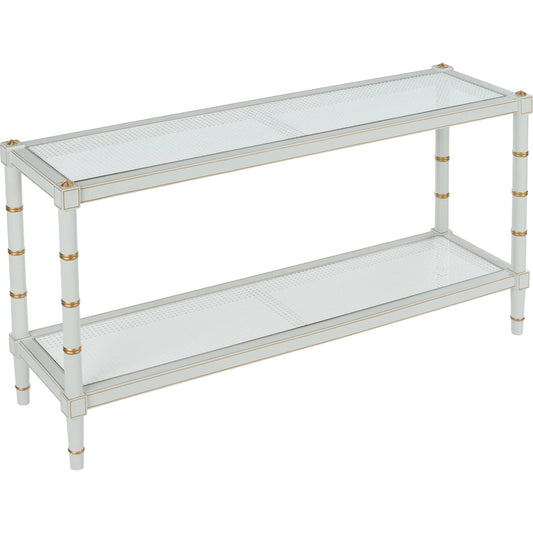 Conner Cane Console by Chelsea House. Made from poplar caned panels, glass top in a coastal style.