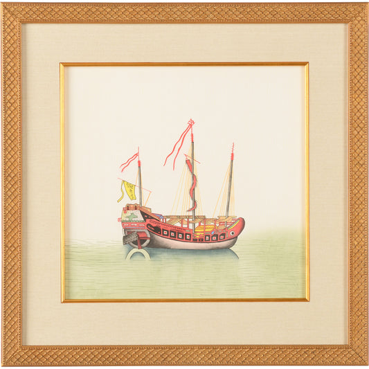 001 SR-382272 | Primary Silo | Chin Junks-Yellow Sail by Chelsea House in gold frame and fillet. Made from water color on silk in a coastal style.