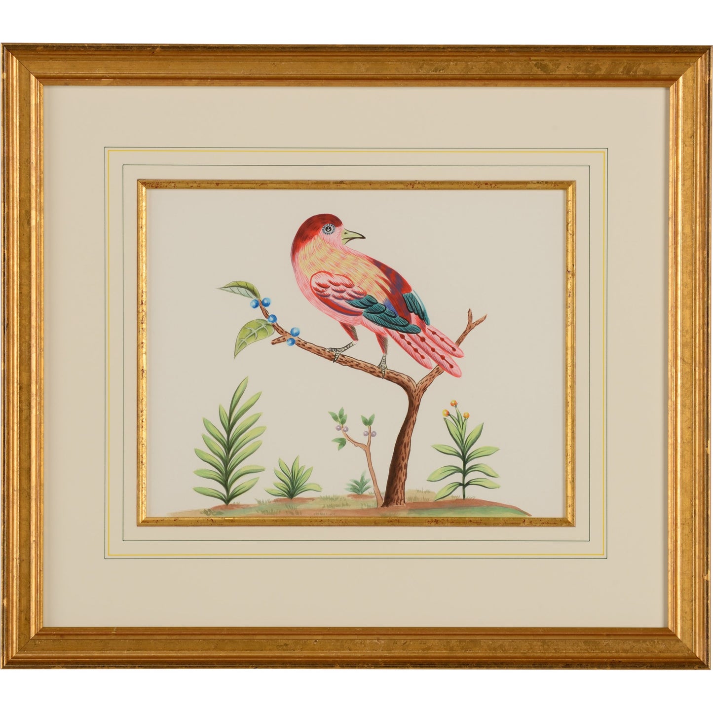 001 SR-383615 | Primary Silo | Pink W/Blue Berries by Chelsea House in gold frame and fillet. Made from water color on paper in a coastal style.