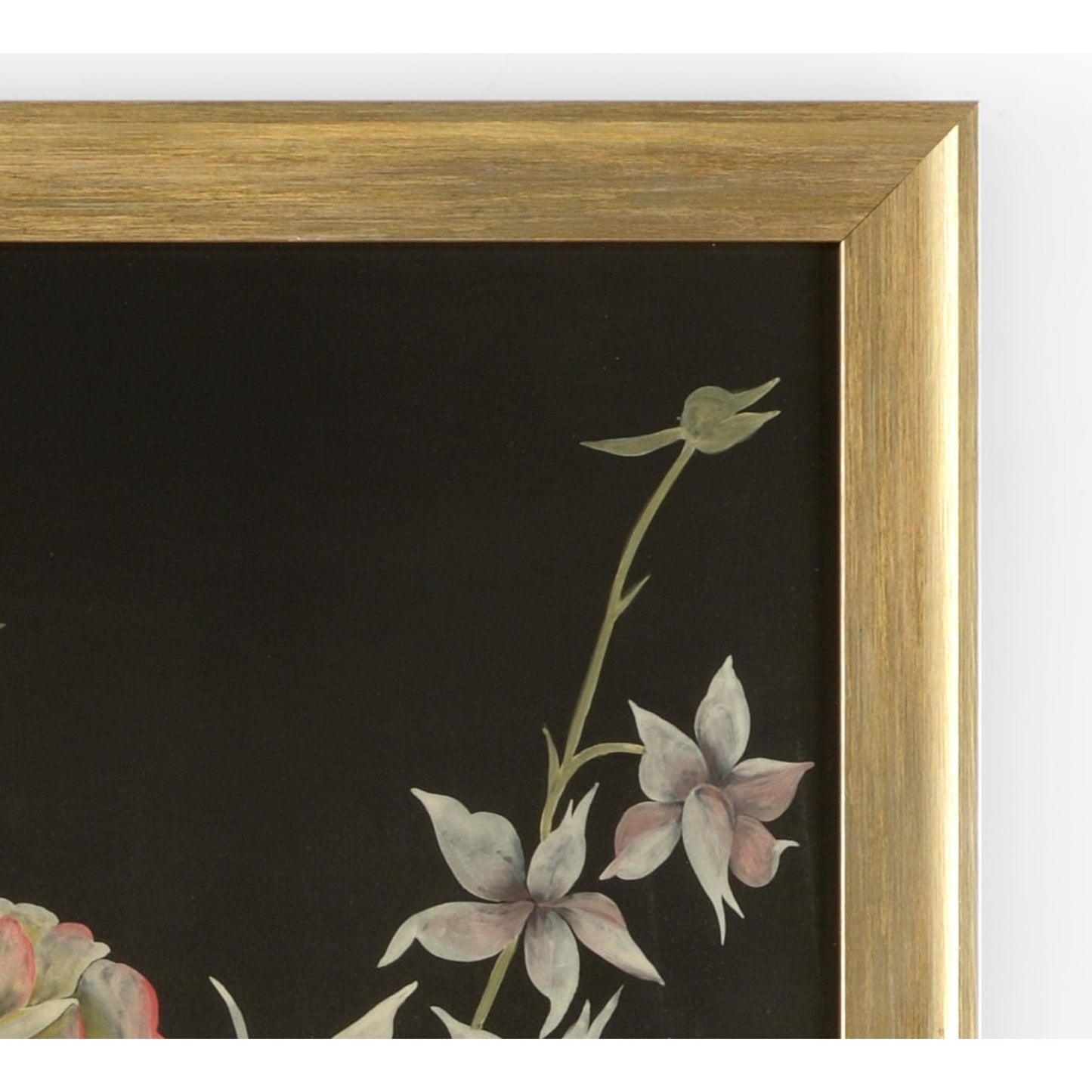 002 SR-836909 | Closeup | Fleurs En Noir by Chelsea House in framed, glass. Made from watercolor on silk in a transitional style.