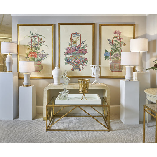 Chinoiserie Basket I by Chelsea House in gold. Made from watercolor on silk in a transitional style.