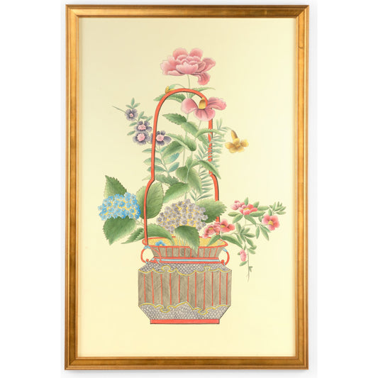 Chinoiserie Basket II by Chelsea House in gold. Made from watercolor on silk in a cottage & farmhouse style.