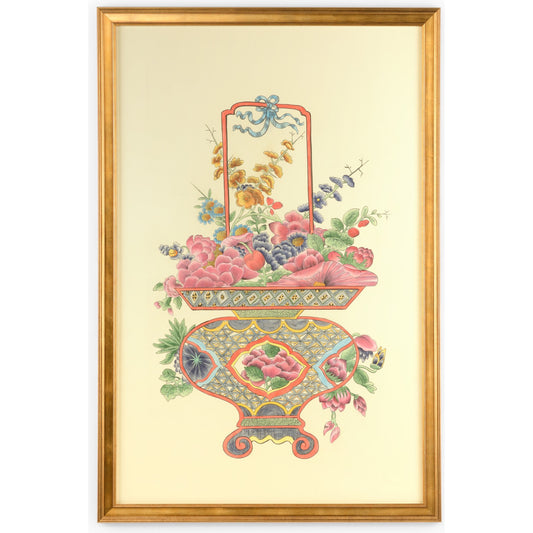 001 SR-836883 | Primary Silo | Chinoiserie Basket III by Chelsea House in gold. Made from watercolor silk in a cottage & farmhouse style.