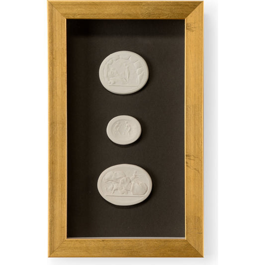 Intaglio Shadowbox III by Chelsea House in gold. Made from plaster intaglios in a transitional style.