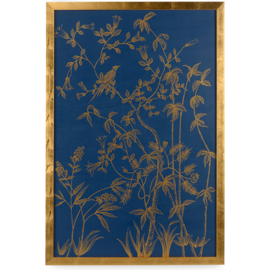 Gold Buckhead Panel on Blue B by Chelsea House in gold. Made from watercolor on silk in a modern style.
