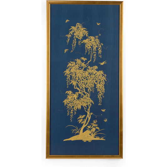 001 SI-2106043 | Primary Silo | Gold Flowering Tree on Blue B by Chelsea House in framed, glass. Made from watercolor on silk in a modern style.