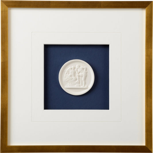 Intaglios on Navy VI by Chelsea House in gold leaf. Made from plaster intaglios in shadow box in a modern style.