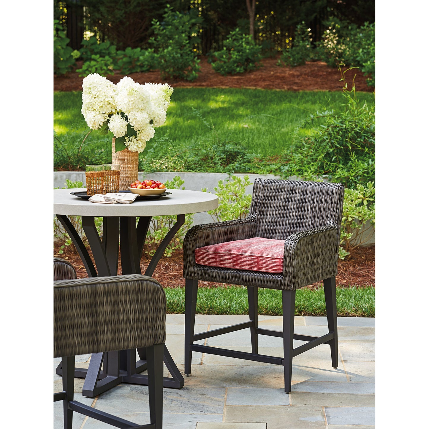 003 SR-836628 | Lifestyle | Cypress Point Ocean Terrace Counter Stool by Tommy Bahama Outdoor in coral red. Made from unique in a coastal style.