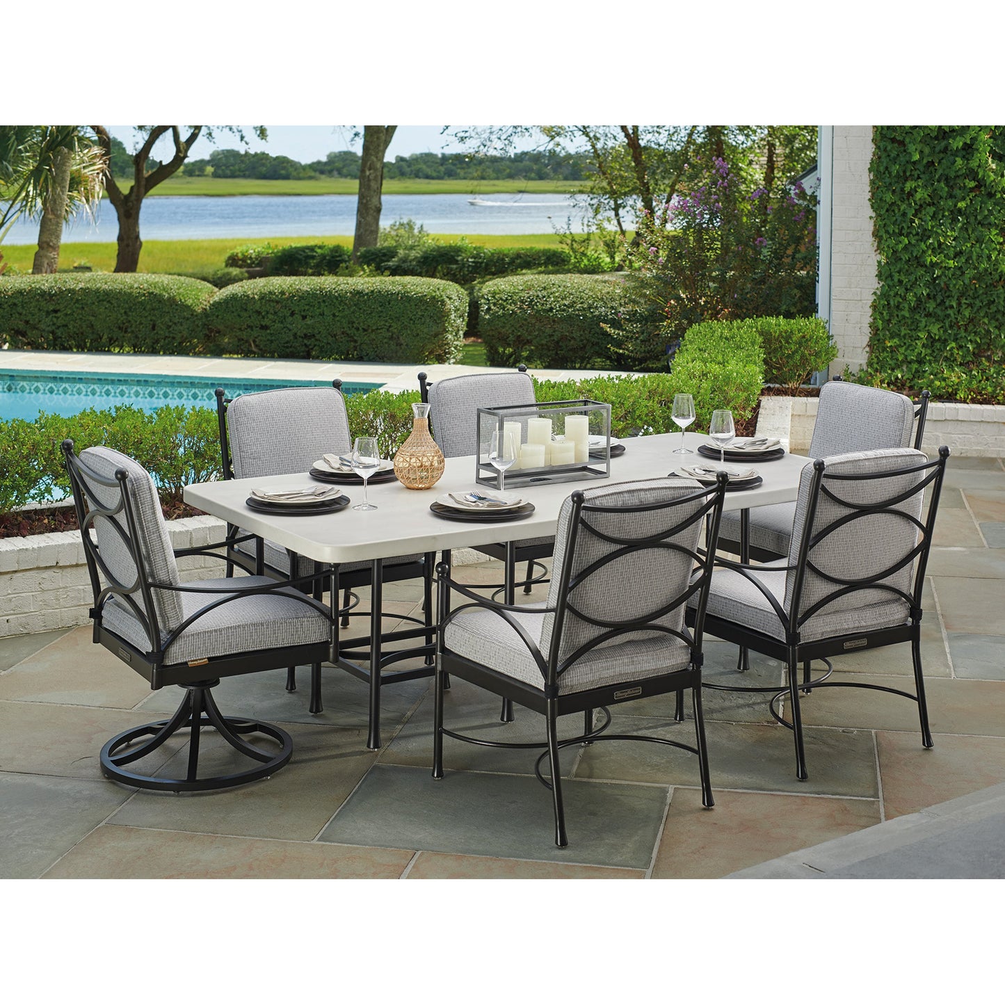 030 SR-836739 | Lifestyle | Pavlova Rectangular Dining Table by Tommy Bahama Outdoor in textured graphic white. Made from unique in a modern style.