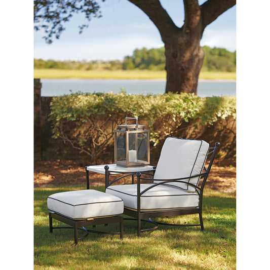 Pavlova Ottoman by Tommy Bahama Outdoor in graphite. Made from aluminum, fabric in a transitional style.