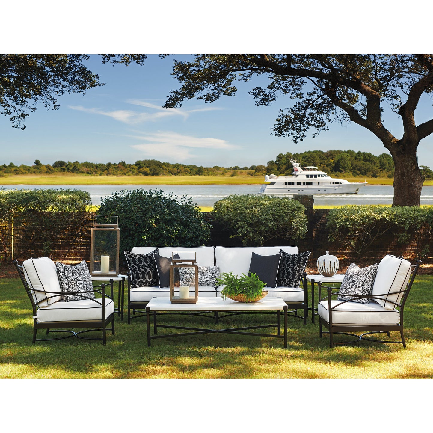 025 SR-836745 | Lifestyle | Pavlova Rectangular End Table by Tommy Bahama Outdoor. Made from unique in a modern style.