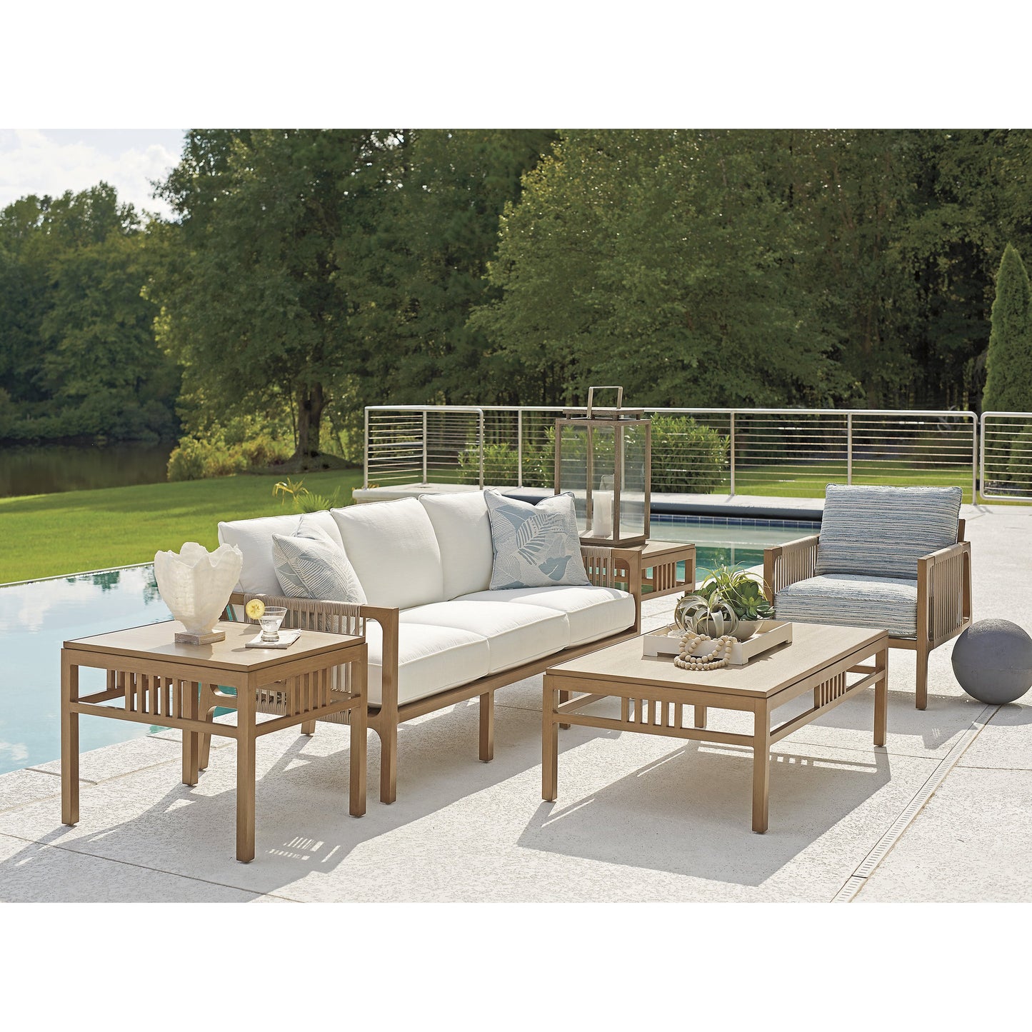 048 SR-836792 | Lifestyle | St. Tropez Sofa by Tommy Bahama Outdoor in white and natural teak. Made from unique in a coastal style.