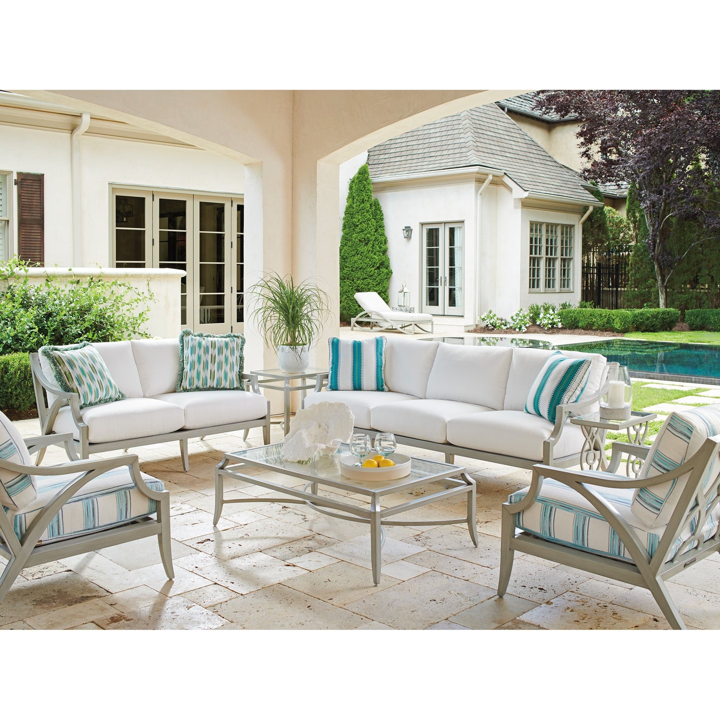 003 SI-1770903 | Lifestyle | Silver Sands Loveseat by Tommy Bahama Outdoor in gray oyster shell. Made from unique in a coastal style.