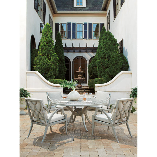 Silver Sands Round Dining Table by Tommy Bahama Outdoor in gray oyster shell. Made from unique in a transitional style.