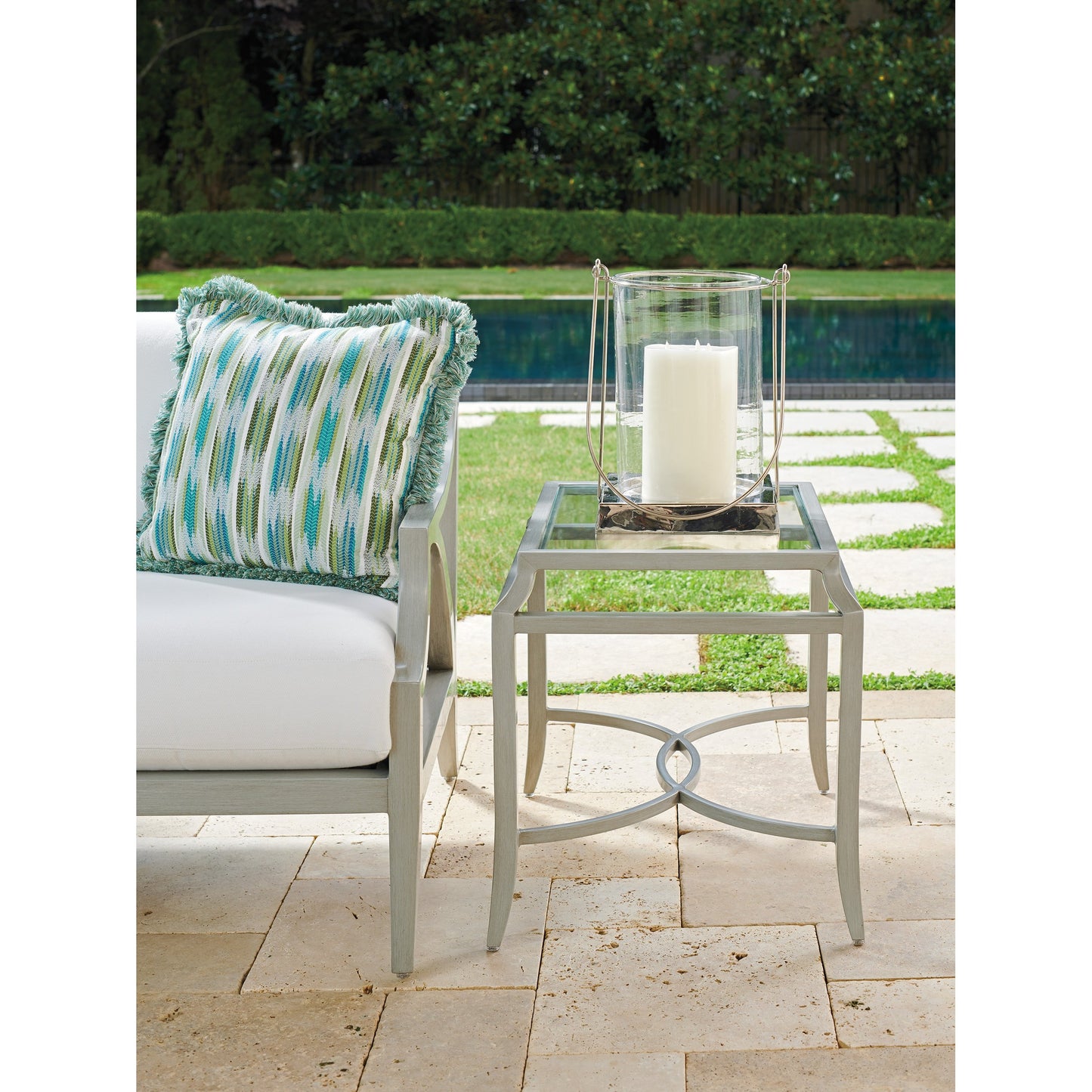 003 SI-1770909 | Lifestyle | Silver Sands End Table by Tommy Bahama Outdoor in gray oyster shell. Made from unique in a transitional style.