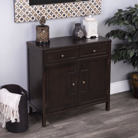 Imperial Coffee Console Cabinet by Butler Specialty Company in dark brown and coffee. Made from bayur wood solids, mdf, silver finished steel hardware in a traditional style.