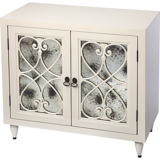 001 S-346233 | Primary Silo | Finney Chest by Butler Specialty Company in white and white. Made from mindi wood solids, mdf, antique mirrored glass, hardware: steel in a transitional style.