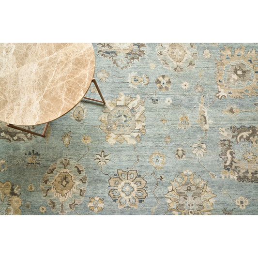 Heirloom 3983 Rug by Exquisite Rugs in light blue, gold. Made from new zealand wool in a unique style.
