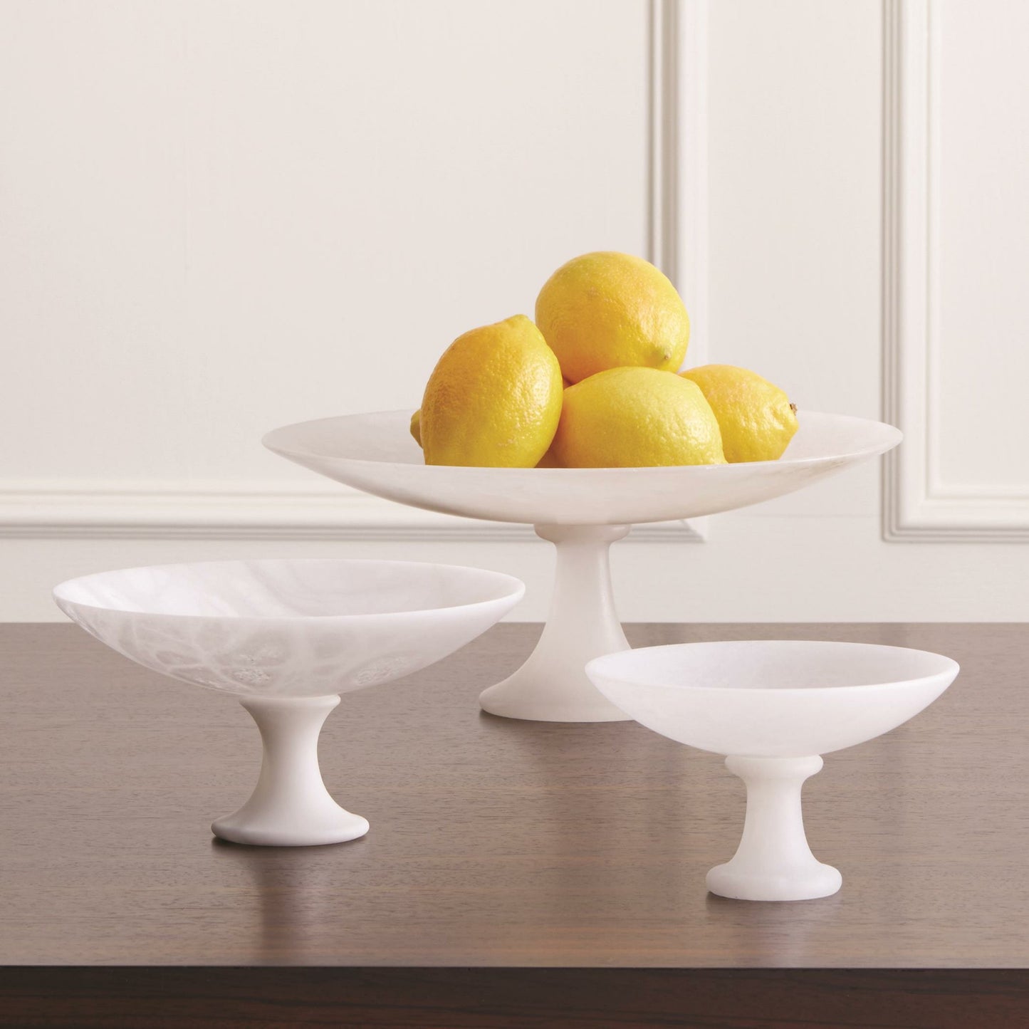 003 SR-827611,SR-827612,SR-827613 | Lifestyle | Alabaster Compote by Global Views. Made from alabaster in a modern style.