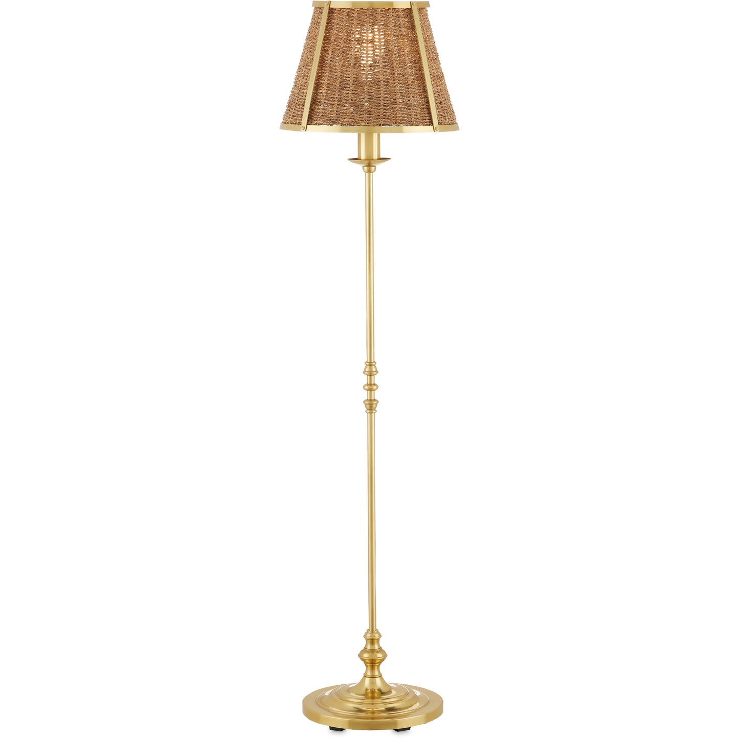001 SI-2133901 | Primary Silo | Deauville Floor Lamp by Currey and Company in polished brass, natural. Made from metal, seagrass in a cottage & farmhouse style.