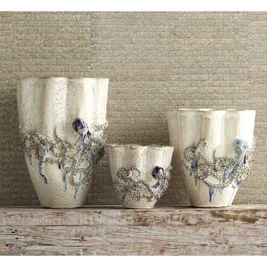 Octopus Vase by Currey and Company in cream, reactive blue. Made from ceramic in a coastal style.
