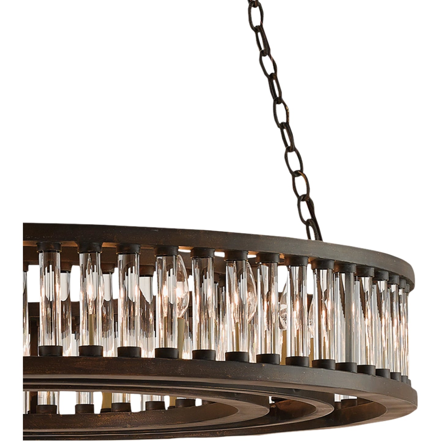 007 S-223517 | Closeup | Elixir Round Chandelier by Currey and Company in bronze verdigris. Made from wrought iron, optic crystal in a rustic style.
