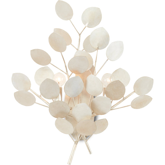 Lunaria Wall Sconce by Currey and Company in contemporary silver leaf. Made from wrought iron in a transitional style.