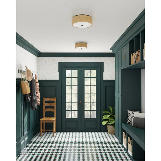 Brownell Flush Mount by Currey and Company in blacksmith, natural. Made from wrought iron, kraft paper twine, acrylic diffuser in a cottage & farmhouse style.