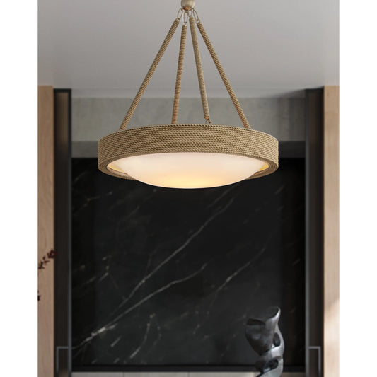 Hopscotch Chandelier by Currey and Company in natural, frosted white, beige, sugar white. Made from abaca rope, glass, wrought iron in a cottage & farmhouse style.