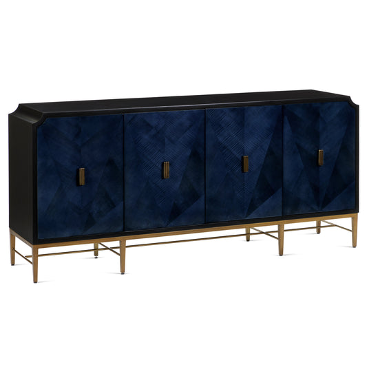Kallista Blue Credenza by Currey and Company in dark sapphire, caviar black, antique brass. Made from sycamore veneer, mahogany, engineered hardwood, cast brass, iron in a modern style.