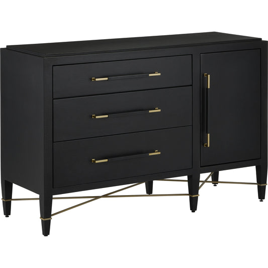 001 SI-2007903 | Primary Silo | Verona Three-Drawer Chest by Currey and Company in lacquered black linen, champagne. Made from black linen, mahogany, brass, iron in a traditional style.