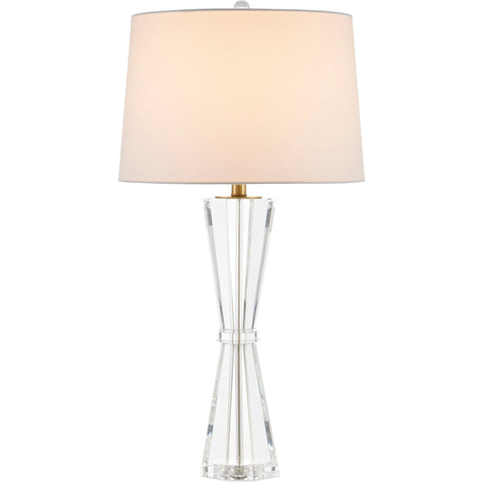 Duveen Table Lamp by Currey and Company in clear, polished brass. Made from optic crystal, metal in a modern style.