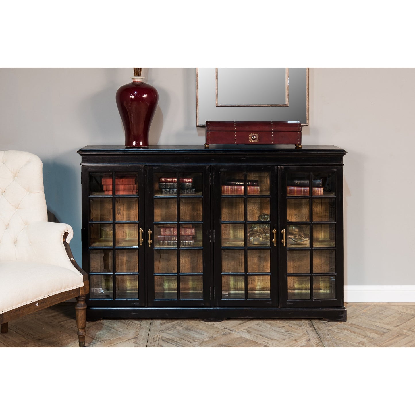 008 SR-857922 | Lifestyle | Morgan Library Case by Sarreid Ltd. in black and 4 adjustable shelves ebony finish. Made from solid walnut, glass, brass in a traditional style.