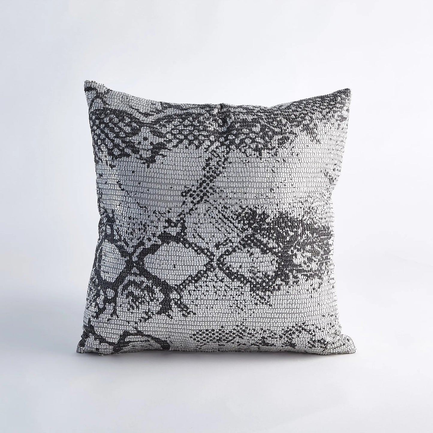 002 SR-890763 | Additional Silo | Shimmer Snake Skin Pillow by Global Views in silver and silver. Made from polyester with cotton lining with plastic decor in a modern style.