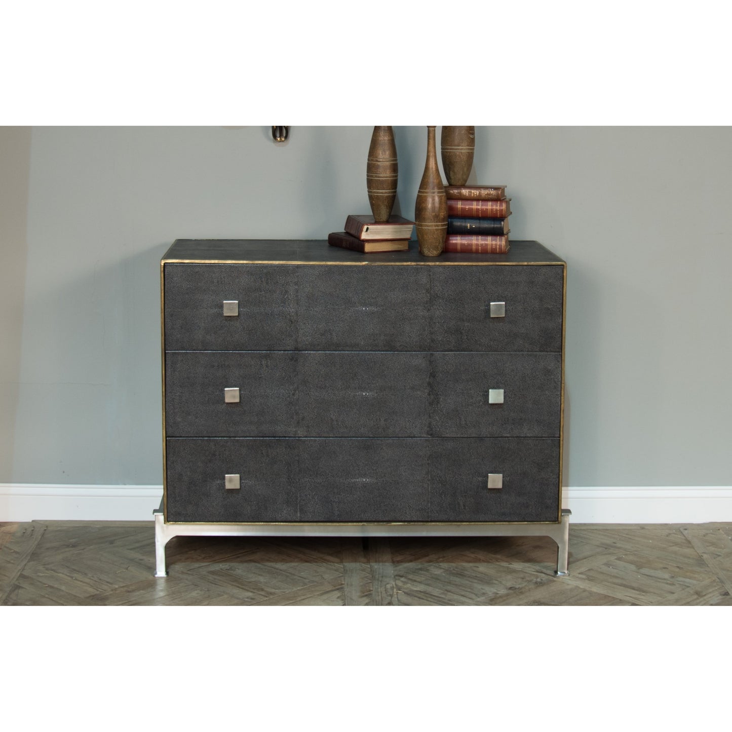 008 SR-857755 | Lifestyle | Grey Shagreen Dresser by Sarreid Ltd. in gray and 3 drawers marbelized paper lining. Made from leather, iron in a transitional style.