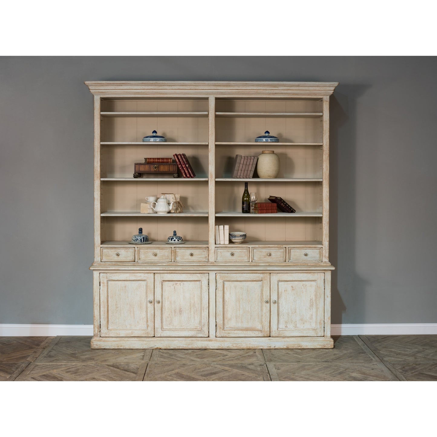 006 S-243391 | Lifestyle | Book Cabinet by Sarreid Ltd. in antique blue wash and 8 adjustable 2 removable shelves. Made from pine in a cottage & farmhouse style.