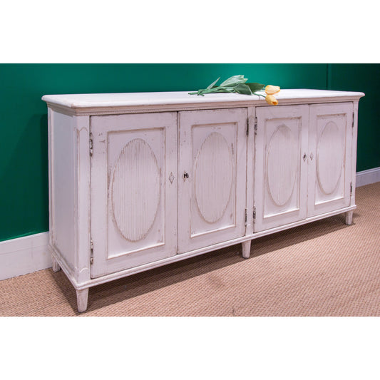 Whitewash Ribbon Sideboard by Sarreid Ltd. in white and two removable shelves. Made from pine in a cottage & farmhouse style.