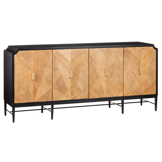 001 SI-2133973 | Primary Silo | Kallista Credenza by Currey and Company in taupe, caviar black, polished brass, black. Made from sycamore veneer, mahogany, engineered hardwood, brass, iron in a modern style.