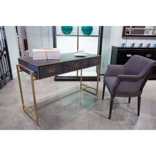 Grey Leather Shagreen Desk by Sarreid Ltd. in gray and 3 drawers w/marbleized paper. Made from leather, marble, iron in a transitional style.